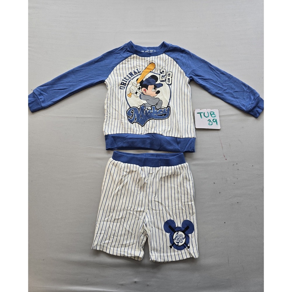 Disney Mickey Mouse Baseball Pajama Set Boys 4T Blue White Pinstripe 2 Piece